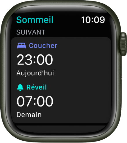 App Sommeil sur l’Apple Watch montrant le programme de sommeil de la soirée. Coucher apparaît en haut et l’heure de Réveil se trouve en dessous.