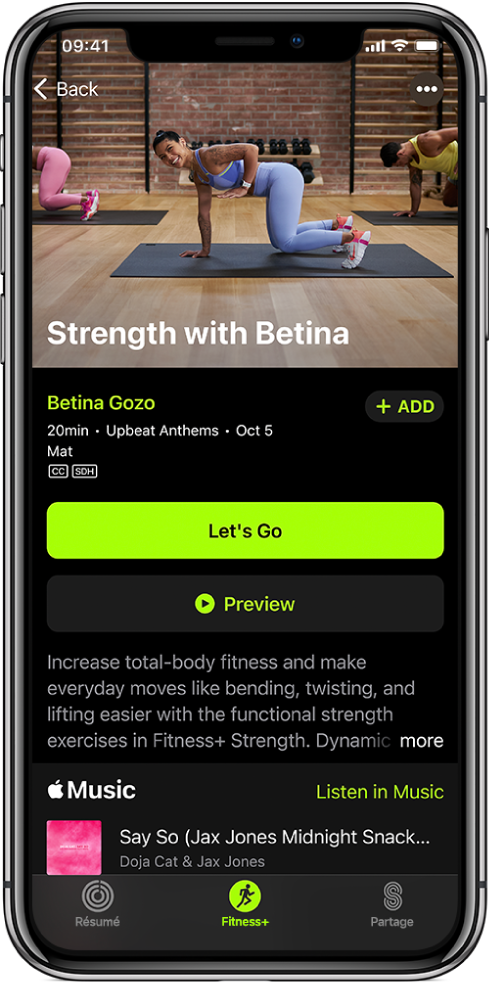 Un écran d’exercice de renforcement montrant le bouton « C’est parti », le bouton Aperçu, une description de l’exercice et la playlist de l’exercice.