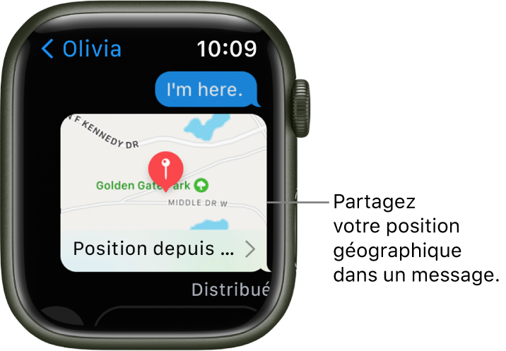 Écran Messages affichant un plan de la position géographique de l’expéditeur.