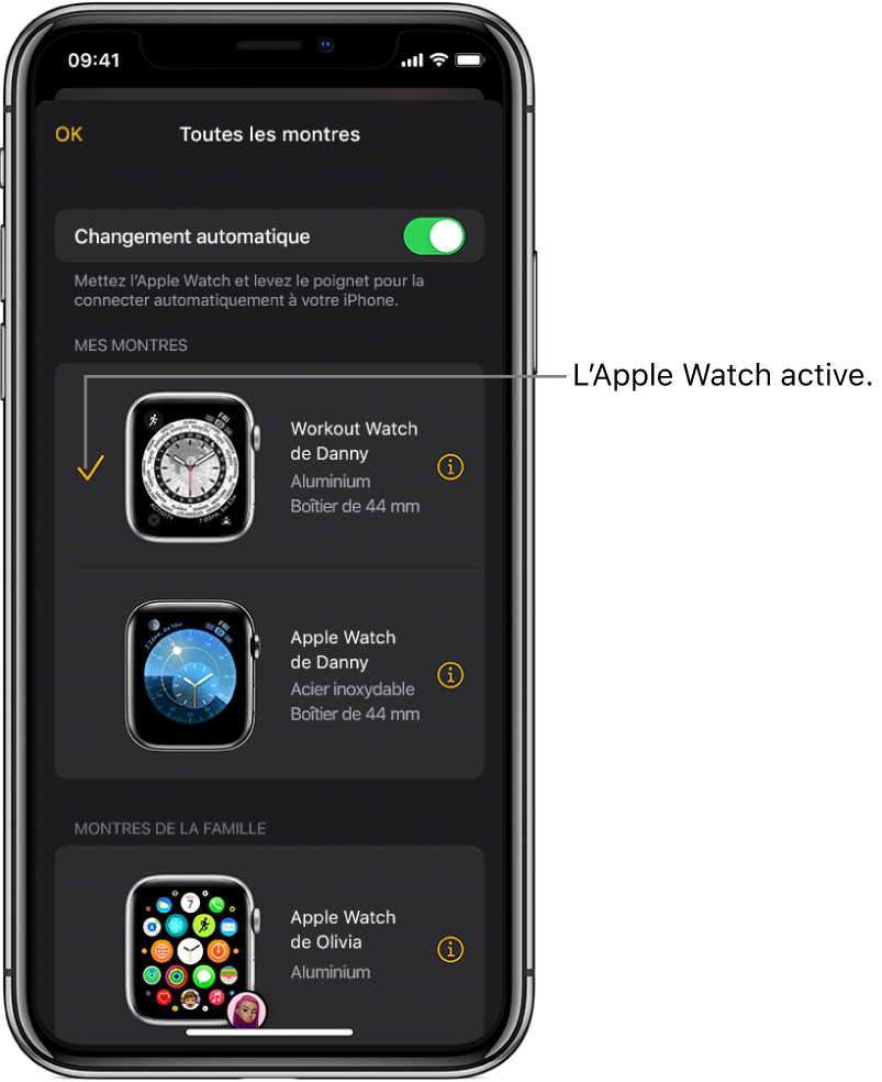 Sur l’écran « Toutes les montres » de l’app Apple Watch, une coche indique l’Apple Watch active.