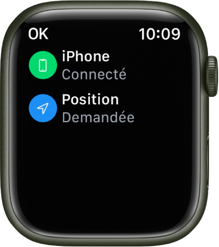 Les détails d’état indiquant que l’iPhone est connecté et que la position de l’Apple Watch a été demandée.