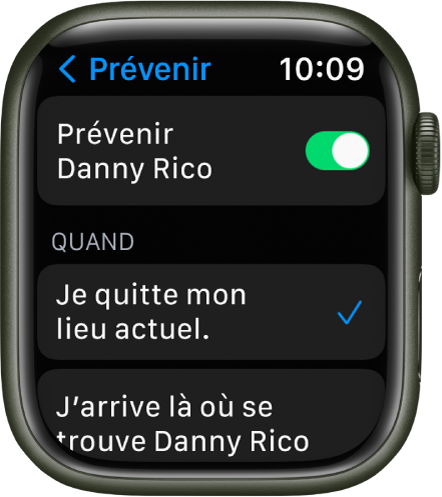 L’écran Prévenir dans l’app Localiser. « Lorsque je quitte mon lieu » est sélectionné.