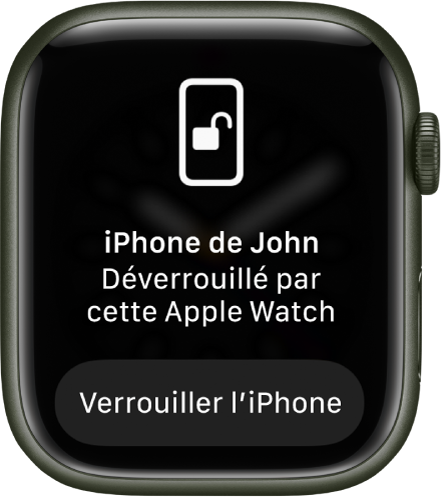 L’écran de l’Apple Watch affichant les mots « iPhone de Gilles déverrouillé par cette Apple Watch ». Le bouton « Verrouiller l’iPhone » apparaît en dessous.