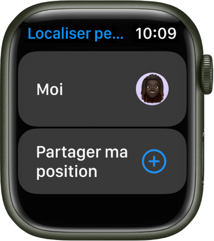 L’app Localiser des personnes affichant des entrées pour vous-même ainsi qu’un bouton « Partage ma position ».