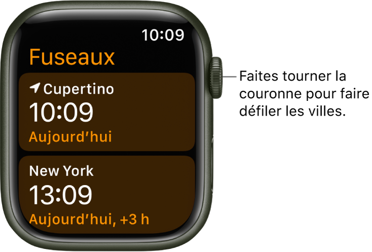 App Fuseaux avec une liste de villes et une barre de défilement.