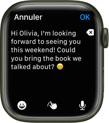 Un écran de saisie de texte avec du texte et un Emoji en haut, et les boutons Emoji, Griffonner et Dictée en bas.
