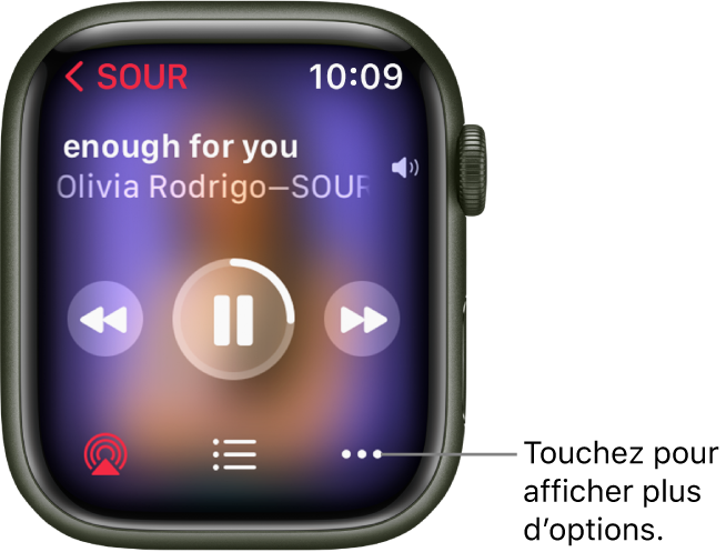 L’écran « À l’écoute » dans l’app Musique. Le nom de l’album se trouve en haut à gauche. Le titre du morceau et l’artiste se trouvent en haut et les commandes de lecture figurent au milieu. Le bouton AirPlay, le bouton Options et la liste des pistes se trouvent en bas de l’écran.