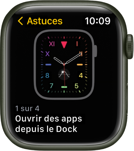 L’app Astuces affichant une astuce pour l’Apple Watch.