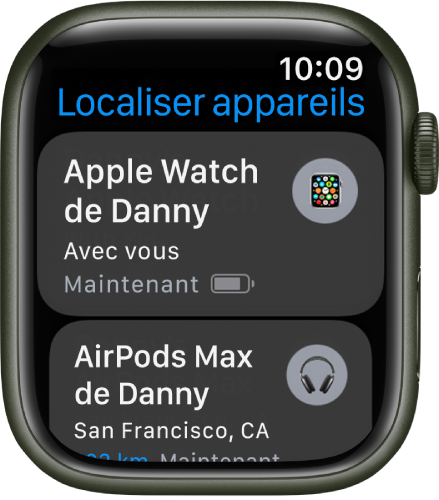 L’app Localiser appareils affichant deux appareils : une Apple Watch et des AirPods.