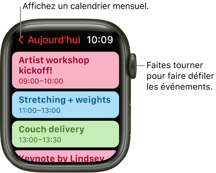 L’écran Calendrier affichant la liste des évènements du jour.