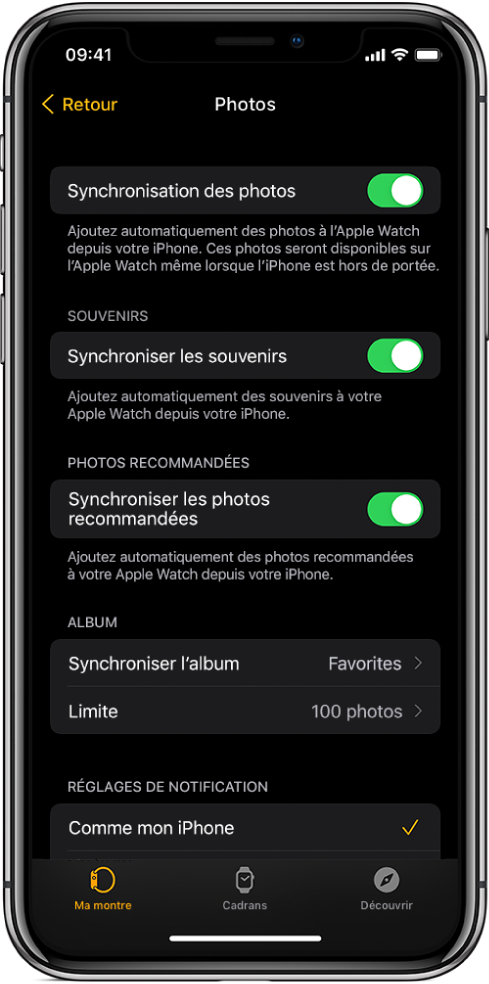 Réglages Photos dans l’app Apple Watch sur l’iPhone, avec le réglage « Synchronisation des photos » au milieu et le réglage « Limite de photos » en dessous.