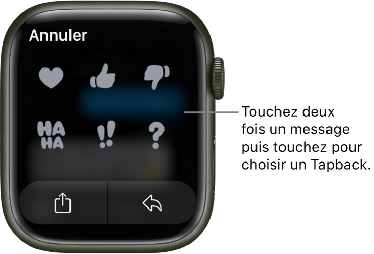 Conversation Messages avec des options Tapback : cœur, pouce vers le haut, vers le bas, Ha Ha, !! et ?. Un bouton de réponse se trouve en dessous.