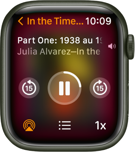 L’écran de lecture de livre audio avec le titre du livre audio en haut, le chapitre en dessous et les commandes de lecture en dessous.
