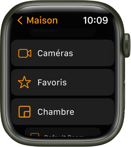 L’app Maison affichant une liste contenant les boutons Caméras et Favoris ainsi que des boutons pour des pièces.