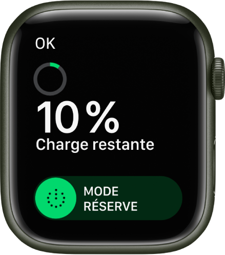 L’écran du mode Réserve affichant le bouton OK dans le coin supérieur gauche, le pourcentage de batterie restant et le curseur du mode Réserve.