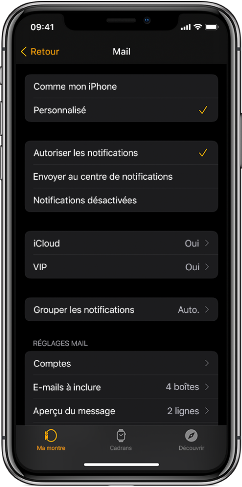 Les réglages de Mail dans l’app Apple Watch affichant des réglages pour les notifications et les comptes de messagerie.