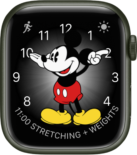 Cadran Mickey Mouse, auquel vous pouvez ajouter de nombreuses complications. Il affiche trois complications : Exercice en haut à gauche, « Conditions météo » en haut à droite et « Programme de calendrier » en bas.