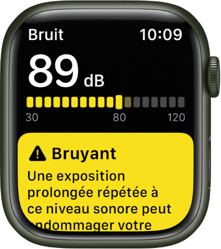 Une notification de bruit concernant un niveau sonore de 89 dB. Un avertissement au sujet d’une exposition à long terme à ce son s’affiche en dessous.