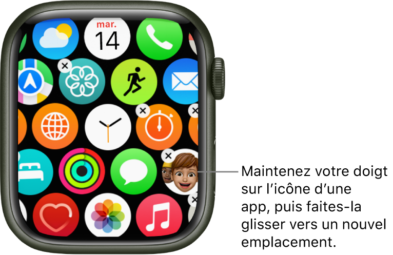 Écran d’accueil en présentation en grille sur l’Apple Watch.