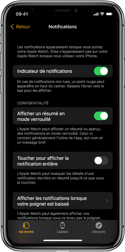 L’écran Notifications de l’app Apple Watch sur l’iPhone montrant des sources de notifications.