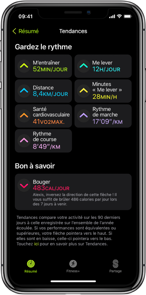 L’onglet Tendances de l’app Forme sur l’iPhone. Plusieurs indicateurs s’affichent sous l’en-tête Tendances vers le haut de l’écran. Ces indicateurs incluent « M’entraîner », « Me lever », Distance et plus encore. L’indicateur Bouger s’affiche sous l’en-tête Attention.