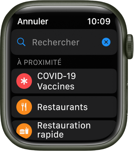 L’écran Rechercher de l’app Plans, avec le champ Rechercher affiché vers le haut. Sous « À proximité » figurent des boutons pour des centres de vaccination contre la COVID-19, des restaurants et des fast-foods.