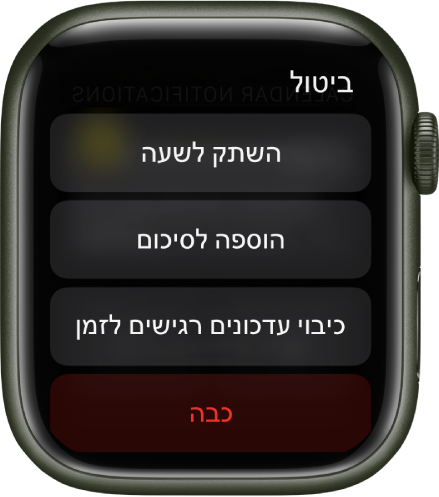 הגדרות עדכונים ב‑Apple Watch. בכפתור העליון נכתב ״השתק לשעה״. למטה מופיעים הכפתורים ״הוספה לתקציר״, ״ביטול עדכונים רגישים לזמן״ ו״ביטול״.