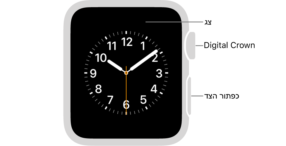 החלק הקדמי של דגם Apple Watch Series 3, כשעל הצג נראה עיצוב השעון, וה-Digital Crown וכפתור הצד בצדו של השעון.