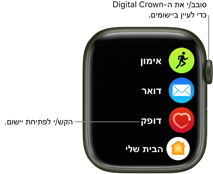 מסך הבית בתצוגת רשימה ב-Apple Watch, עם יישומים ברשימה. הקש/י על יישום כדי לפתוח אותו. גלול/י להצגת יישומים נוספים.