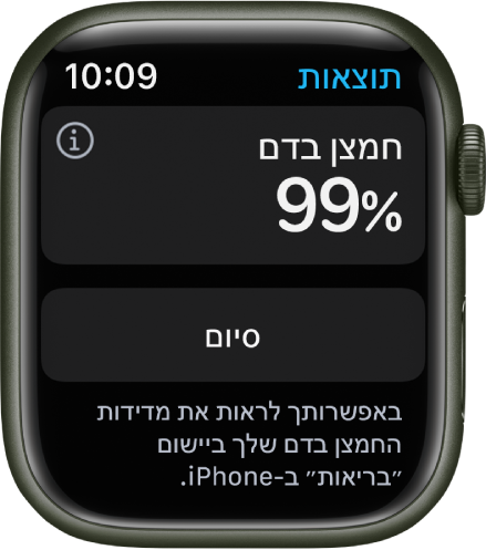 מסך התוצאות של ״חמצן בדם״ מציג 99% ריווי חמצן בדם. מתחת לתוצאה מוצג הכפתור ״סיום״.