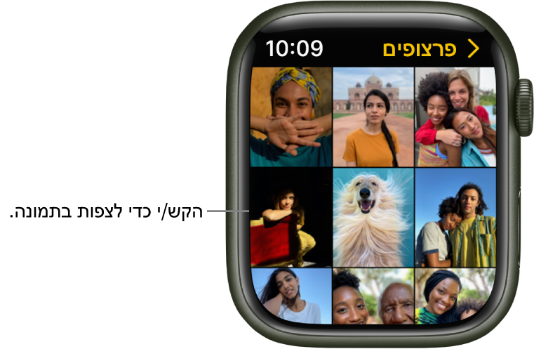 המסך הראשי של היישום ״תמונות״ ב‑Apple Watch, עם מספר תמונות המוצגות ברשת.