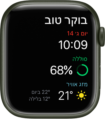 Apple Watch, עם מסך התעוררות. המילים ״בוקר טוב״ מופיעות בראש המסך. התאריך, השעה, אחוז הסוללה ומסג האוויר מופיעים מתחת.