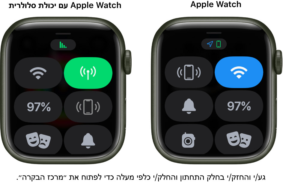 שתי תמונות: Apple Watch בלי רשת סלולרית משמאל, מראה את מרכז הבקרה. כפתור הרשת האלחוטית מימין למעלה, כפתור ״שלח אות ל‑iPhone״ משמאל למעלה, הכפתור ״אחוזי סוללה״ מימין באמצע, הכפתור ״מצב שקט״ משמאל באמצע, הכפתור ״מצב קולנוע״ למטה מימין והכפתור ״ווקי-טוקי״ למטה משמאל. התמונה מימין מציגה את Apple Watch עם רשת סלולרית. מרכז הבקרה מציג את הכפתור ״סלולרי״ מימין למעלה, את כפתור הרשת האלחוטית משמאל למעלה, את כפתור ״שלח אות ל‑iPhone״ מימין באמצע, את כפתור ״אחוזי סוללה״ משמאל באמצע, את ״מצב קולנוע״ מימין למטה ואת ״נא לא להפריע״ משמאל למטה.