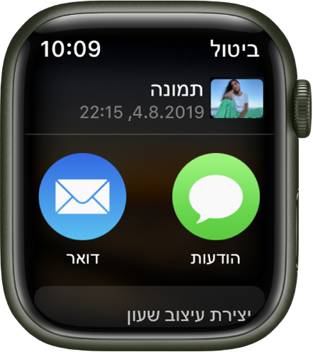 מסך השיתוף ביישום ״תמונות״ ב‑Apple Watch. תמונה מופיעה בחלק העליון של המסך. למטה מופיעים הכפתורים ״הודעות״ ו״דואר״.