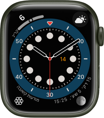 עיצוב השעון ״ספירה״. הוא כולל ארבע תצוגות: ״אינדקס קרינה״ משמאל למעלה, ״תנאי מזג האוויר״ מימין למעלה, ״מודעות קשובה״ משמאל למטה ו״הירח״ מימין למטה.