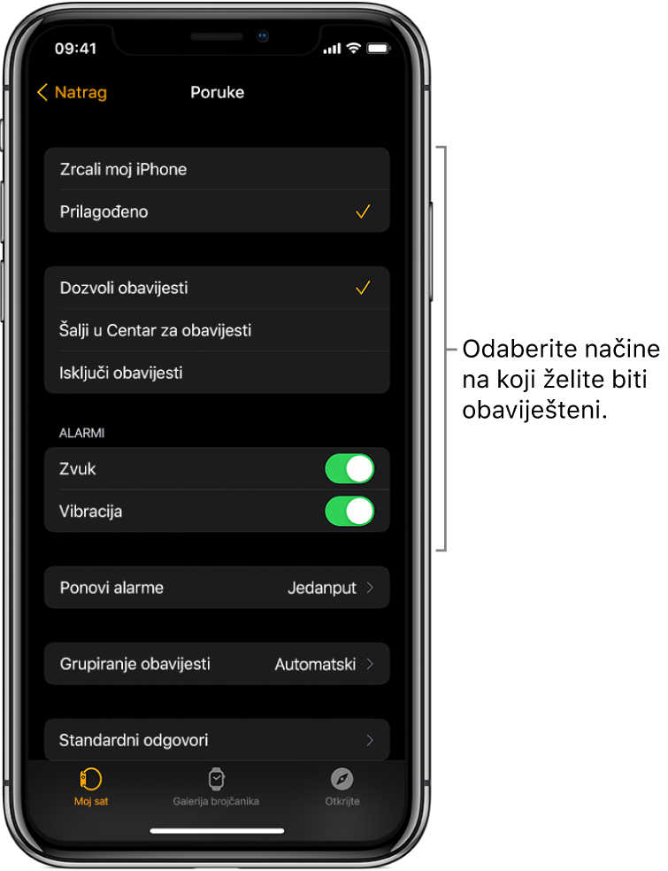 Zaslon Poruke u aplikaciji Apple Watch na iPhoneu. Možete odabrati da se prikažu upozorenja, uključiti zvuk, uključiti vibraciju i ponoviti alarme.