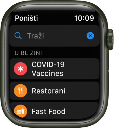 Zaslon pretraživanja aplikacije Karte s prikazom polja za pretraživanje pri vrhu. Pod opcijom U blizini nalaze se tipke cjepiva protiv bolesti COVID-19, restorane i brzu hranu.