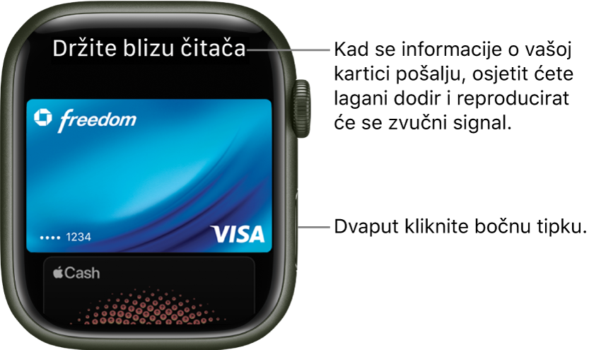 Zaslon Apple Pay s prikazom opcije “Držite blizu čitača” pri vrhu zaslona; osjetit ćete blagi dodir i čut ćete zvuk kad su podaci o vašoj kartici poslani.