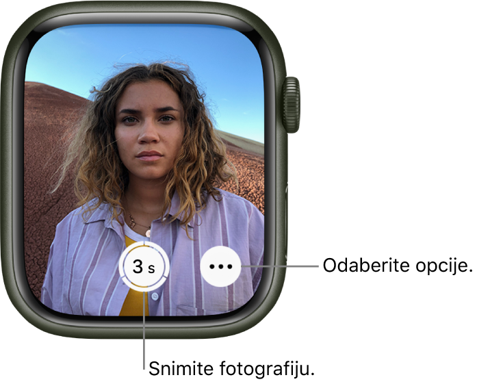 Dok se koristi kao upravljač kamere, zaslon Apple Watcha prikazuje ono što je u kadru iPhone kamere. Tipka za snimanje fotografije nalazi se u donjem središnjem dijelu, a tipka Više opcija nalazi se s desne strane. Ako ste snimili fotografiju, tipka za prikaz fotografije nalazi se u donjem lijevom kutu.