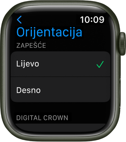 Zaslon Orijentacija na Apple Watchu. Možete podesiti postavke za zapešće i Digital Crown.