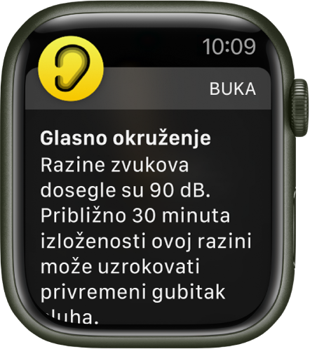 Apple Watch na kojem je prikazana obavijest o buci. Ikona za aplikaciju povezanu s obavijesti prikazuje se u gornjem lijevom kutu. Možete je dodirnuti za otvaranje aplikacije.