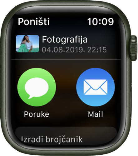 Zaslon dijeljenja u aplikaciji Foto na Apple Watchu Fotografija se nalazi se u gornjem dijelu zaslona. Ispod se nalaze tipke Poruke i Mail.