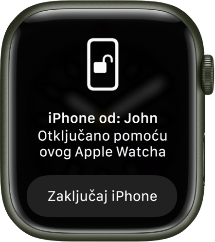 Apple Watch prikazuje poruku “Ovaj Apple Watch otključao je Johnov iPhone.” Ispod se nalazi tipka Zaključaj iPhone.