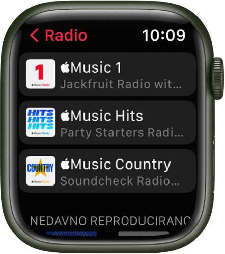 Zaslon aplikacije Radio s prikazom triju Apple Music postaja.