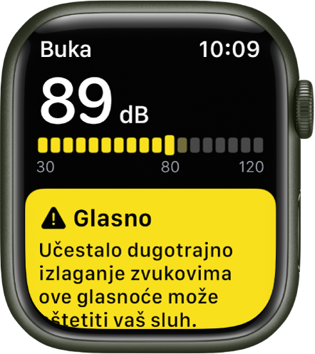 Obavijest aplikacije Buka o razini zvuka od otprilike 89 decibela. Ispod je prikazano upozorenje za dugotrajno izlaganje ovoj razini zvuka.