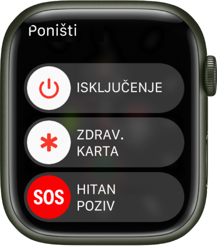 Zaslon Apple Watcha s prikazom tri kliznika: Isključivanje, Zdravstvena karta, Pozivi u slučaju nužde. Povucite kliznik za isključivanje kako biste isključili Apple Watch.