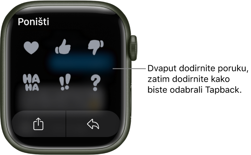 Razgovor u Porukama s opcijama Tapbacka: srce, palac gore, palac dolje, Ha Ha, !! i ?. Tipka Odgovori nalazi se ispod.