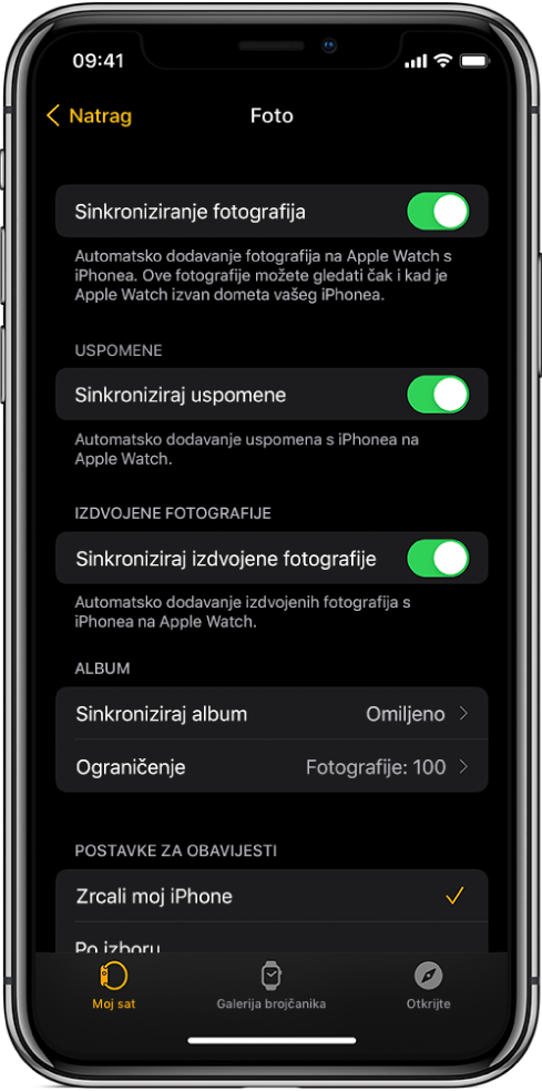 Postavke aplikacije Foto u aplikaciji Apple Watch na iPhoneu, s postavkom Sinkronizaija fotografija u sredini zaslona i postavkom Ograničenje fotografija dolje ispod.