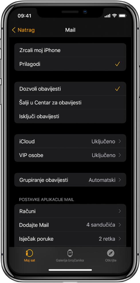 Postavke Maila u aplikaciji Apple Watch s prikazom postavki za obavijesti i e-mail račune.