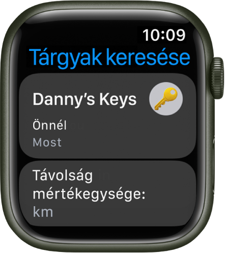 A Tárgyak keresése appban az látható, hogy egy kulcscsomóhoz rögzített AirTag Önnél van. Alatta a Távolság mértékegysége: mérföld gomb látható.
